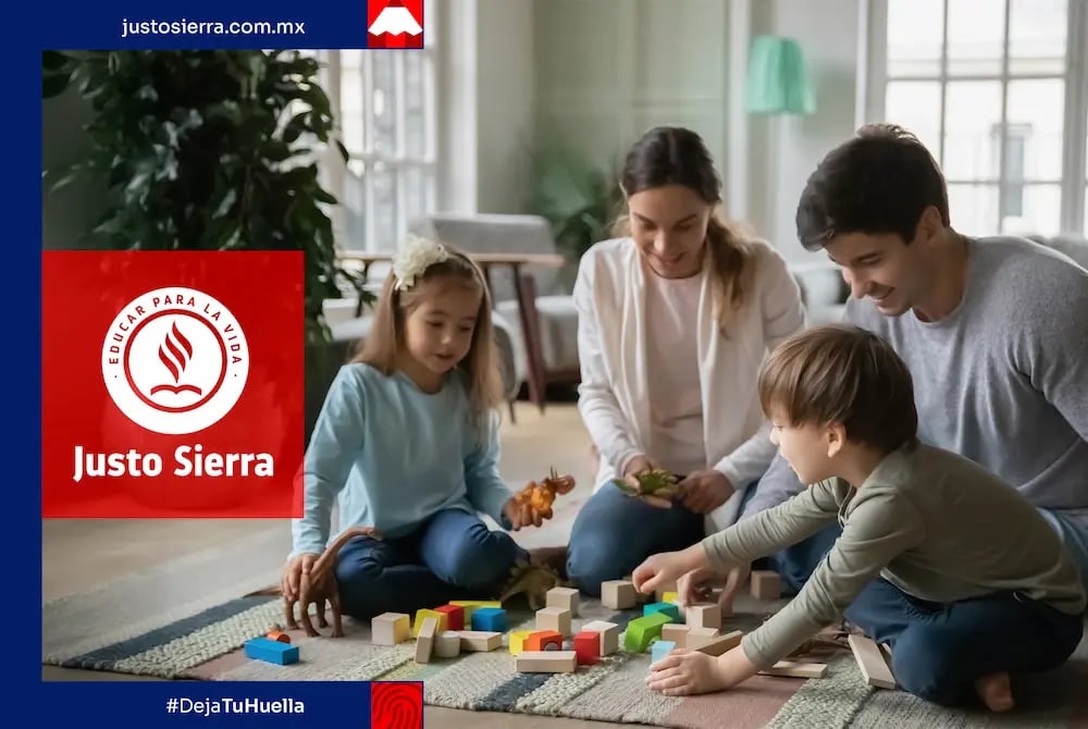 familia jugando con bloques en vacaciones