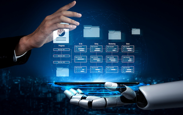 manos de humano y robot en entorno futurista 