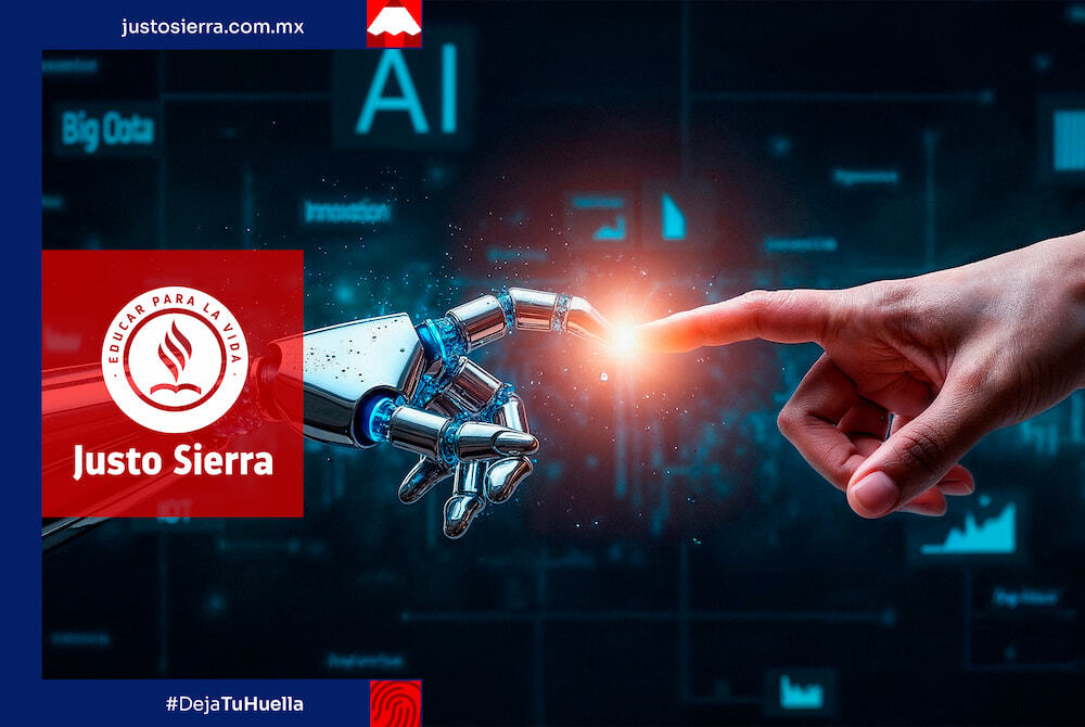 persona tocando a robot de inteligencia artificial con dedo